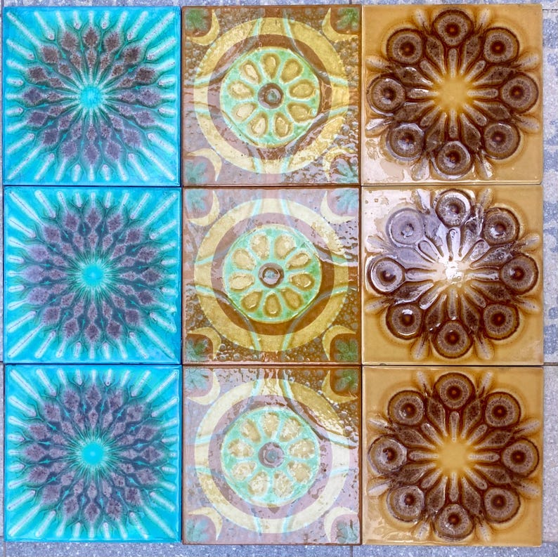 Original 70s retro tiles – Brown, yellow, blue, orange – Decorative MCM wall art — set of 9, photo 5 of 9