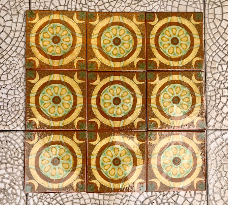 Original 70s retro tiles – Brown, yellow, blue, orange – NOS decorative MCM wall art — set of 9, photo 4 of 9