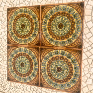 Original 70s retro tiles. 4 pcs Brown, blue, terracotta. Fat lava geometric tiles. NOS decorative mid century wall art. Brutalist backsplash