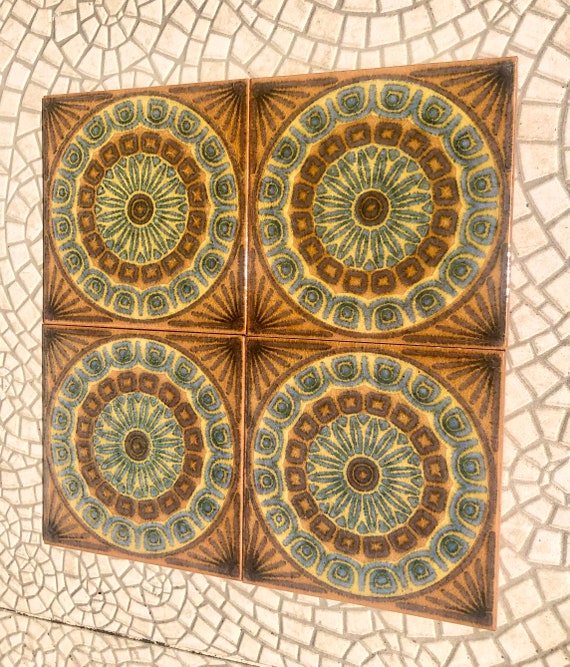 Original 70s retro tiles – 4 pcs Brown, blue, terracotta
