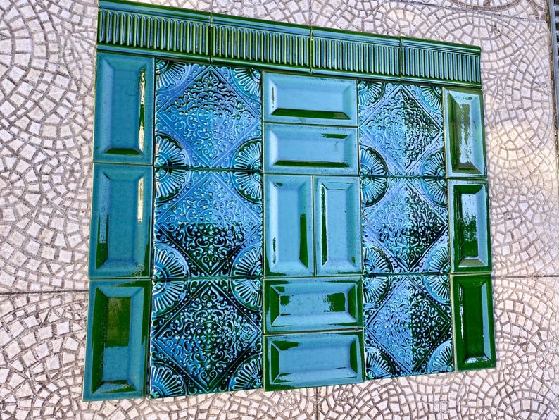 Art Nouveau style floral border green tile set from Spain — set of 22, photo 7 of 10