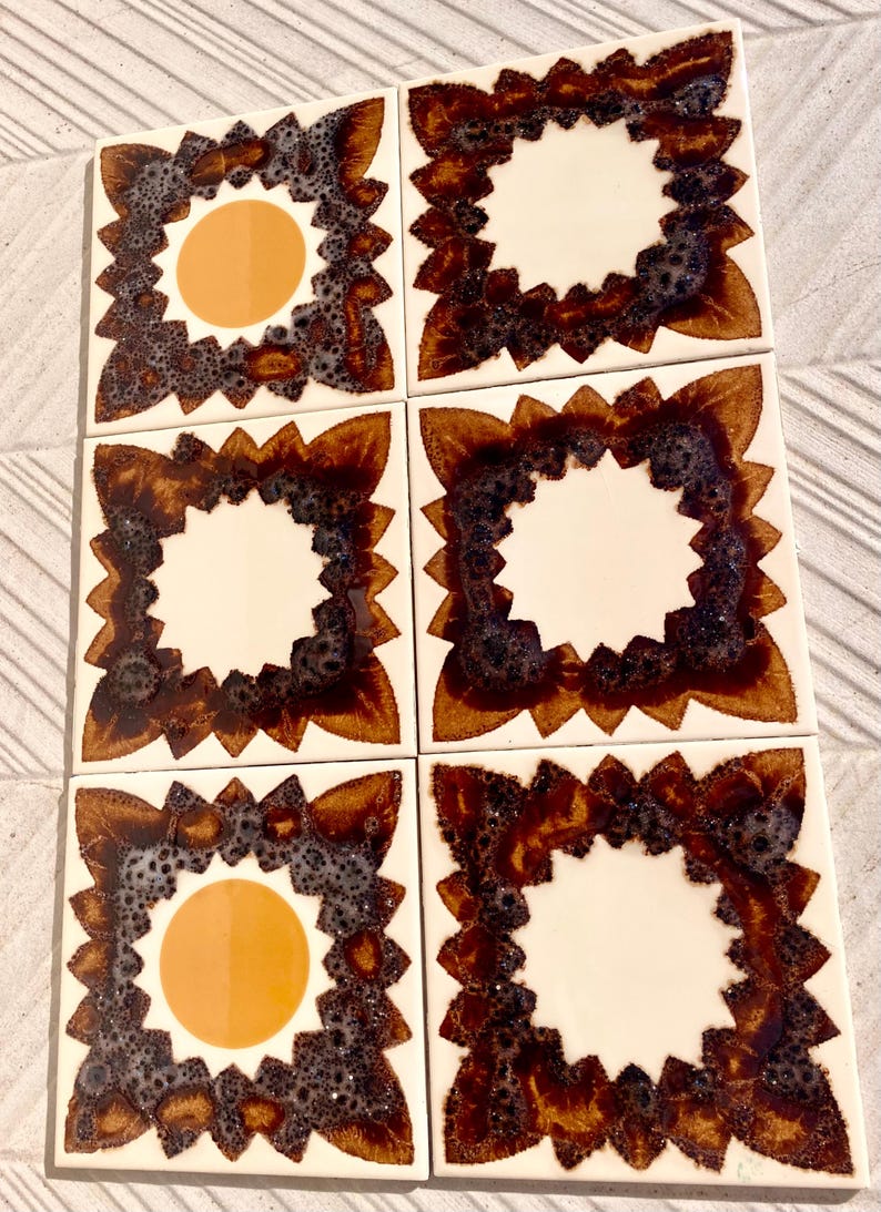 70s Spanish Vintage orange + brown tiles — set of 6, photo 3 of 10