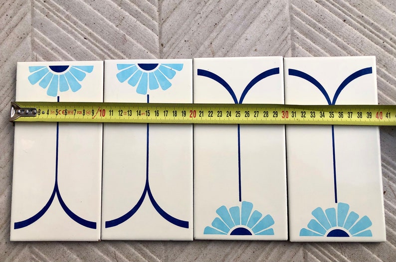 4 vintage blue + white mid century original Spanish tiles, photo 6 of 10