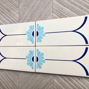 4 vintage blue + white mid century original Spanish tiles. UNUSED geometric - floral decorative tiles. MCM flower power, groovy wall decor