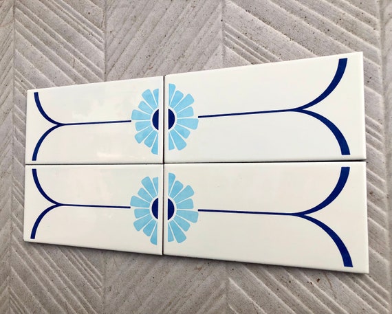 4 vintage blue + white mid century original Spanish tiles