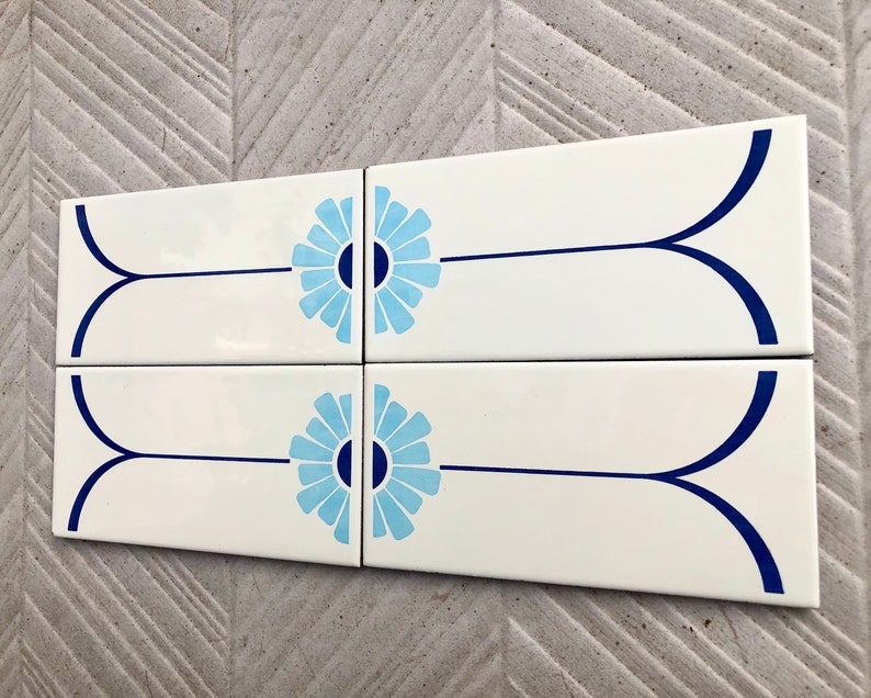 4 vintage blue + white mid century original Spanish tiles, photo 1 of 10