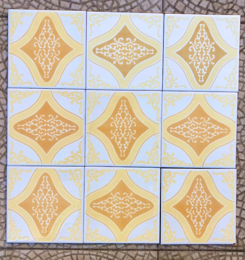 60s 70s vintage geometric tiles, Unused – 9 pc set yellow, orange, pop art tiles, photo 3 of 10