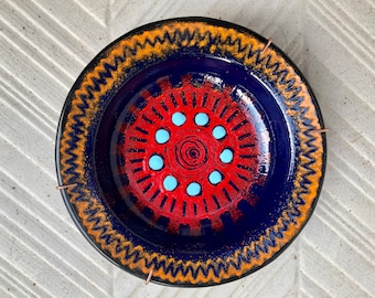MCM 60s - 70s Vintage enamel tray made in Spain. Fat lava mid century decor. Flower power, groovy  hand painted ring or jewelry small tray