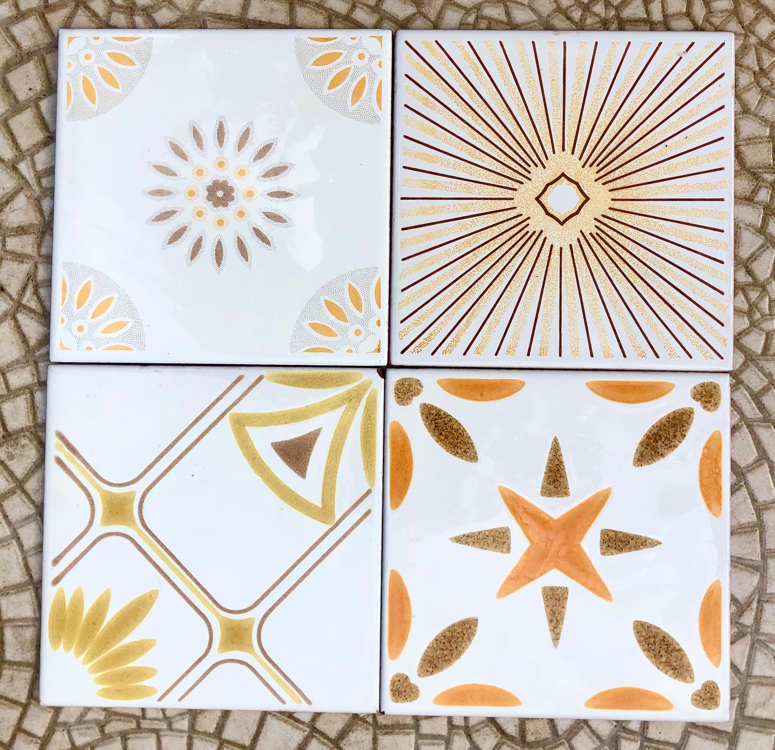 60s 70s Vintage Sunray Geometric Tiles in Orange, Yellow, Brown