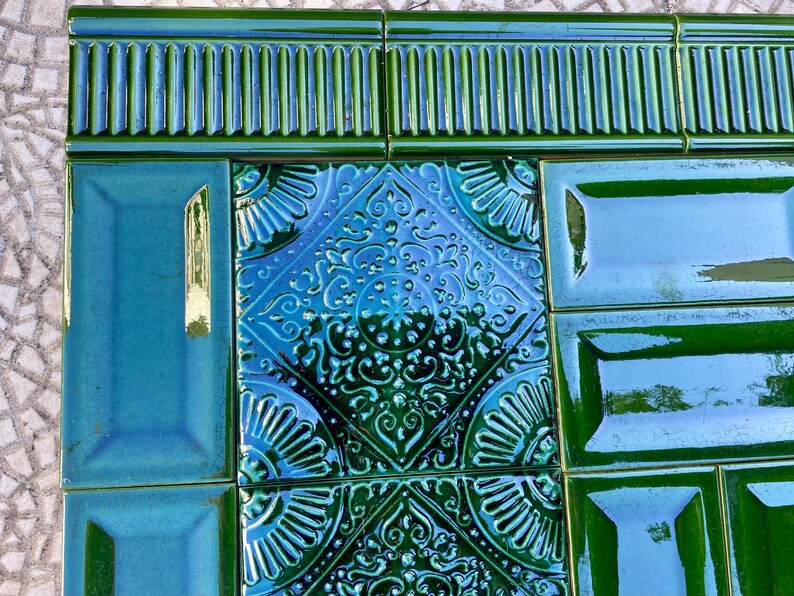 Art Nouveau style floral border green tile set from Spain — set of 22, photo 4 of 10