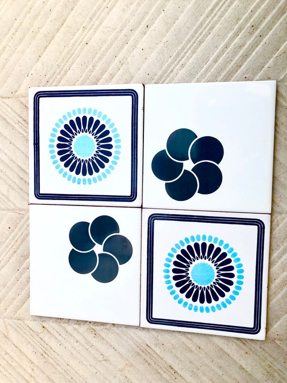 Spanish 60s 70s vintage tiles, 2 Salvaged + 2 Unused — set of 4