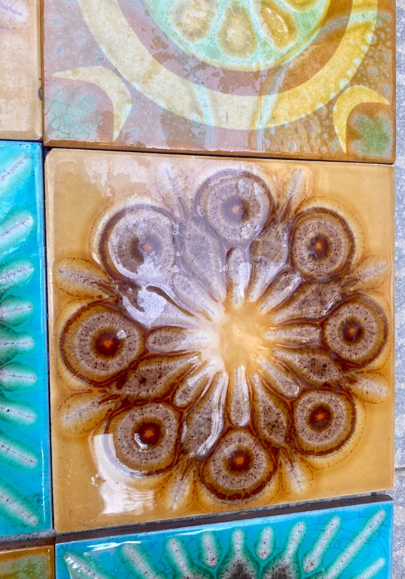 Original 70s retro tiles – Brown, yellow, blue, orange – Decorative MCM wall art — set of 9, photo 7 of 9