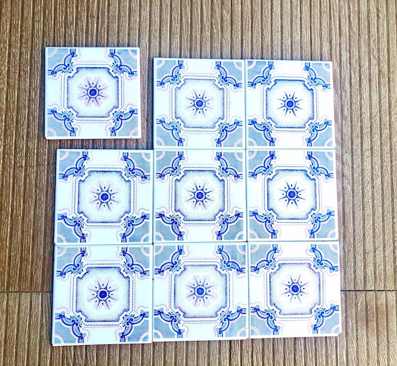 70s blue, pink retro tiles – Vintage floral original decorative tiles — set of 9