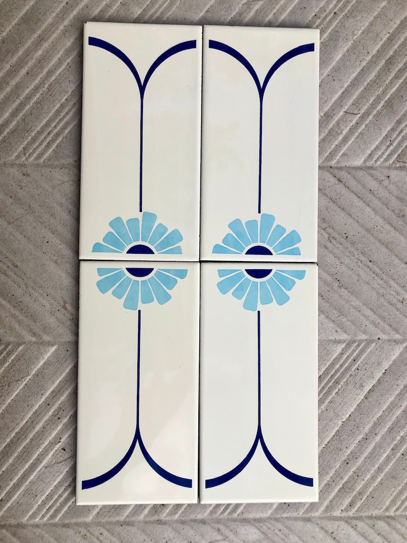 4 vintage blue + white mid century original Spanish tiles, photo 2 of 10