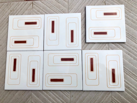 6 Spanish 70s vintage tiles – Brown, mustard yellow, cream, pop art style tiles