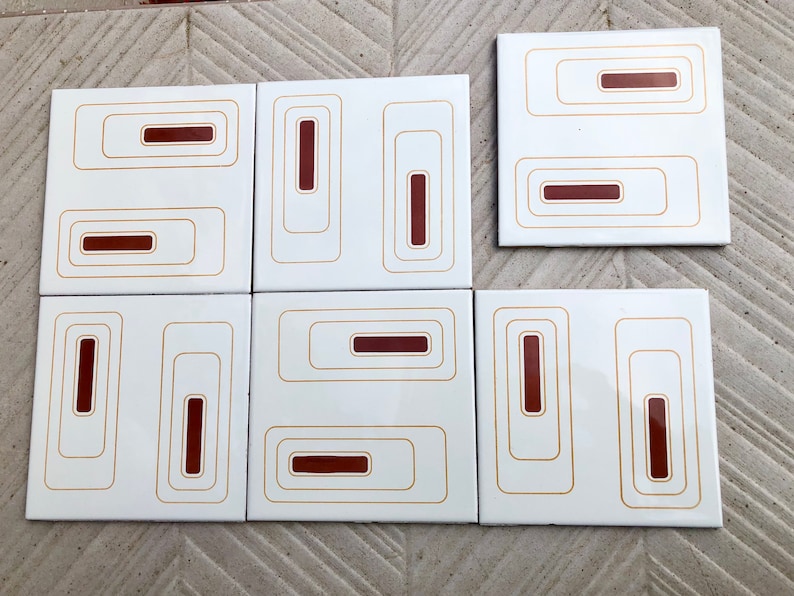 6 Spanish 70s vintage tiles – Brown, mustard yellow, cream, pop art style tiles, photo 1 of 10