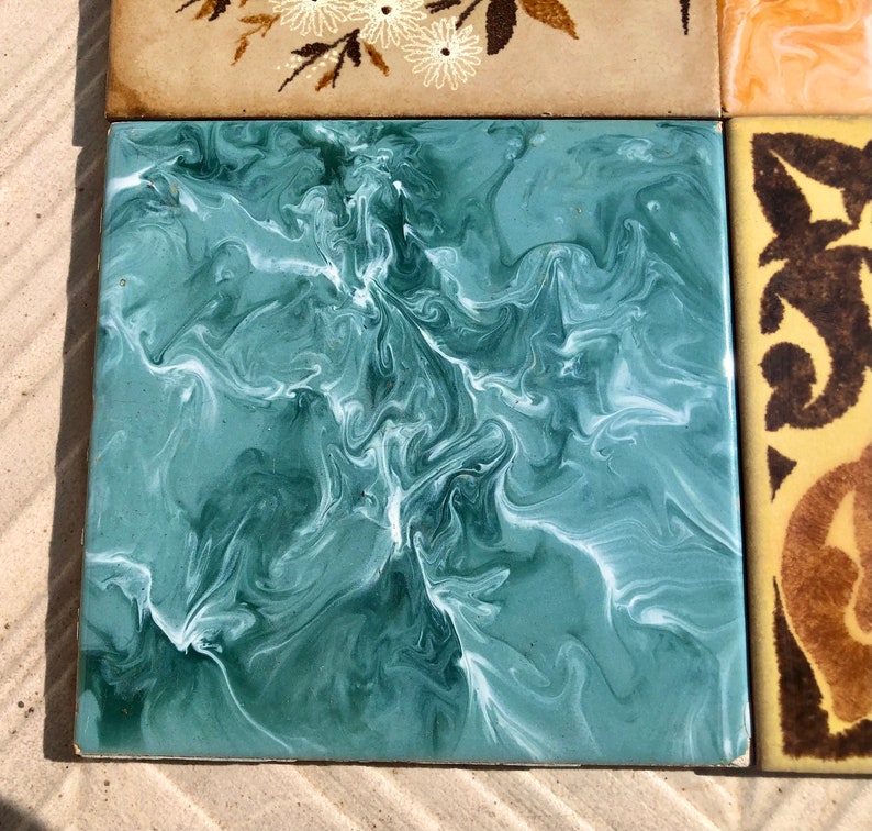 4 Vintage orange, blue, brown yellow Original retro tiles, photo 4 of 9