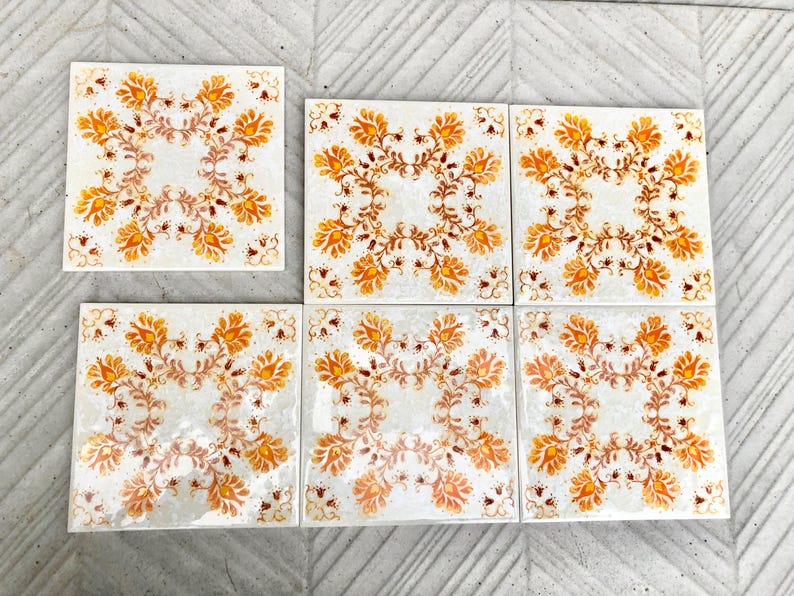 60s 70s German orange retro tiles — set of 6, photo 4 of 8