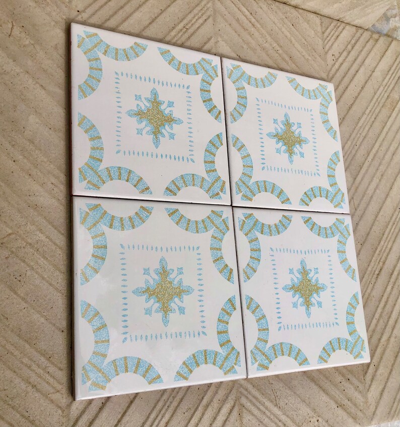 4 Vintage 70s Salvaged blue + ochre Spanish tiles, photo 7 of 9
