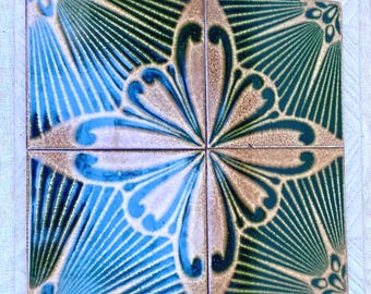 Original 70s vintage brutalist tiles.4 large glossy decorative tiles. 4 pc tile mural. Spanish MCM wall art. Green + ochre mid century decor