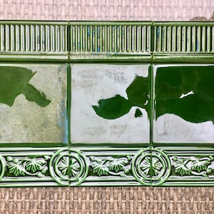 Art nouveau style floral border tile set from Spain. 9 glazed vintage tiles. Majolica tile mural. Fireplace or backsplash green tiles.