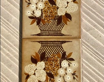 2 vintage decorative tiles from Italy. Brown, beige 60s  70s cottage decor . Kitchen retro wall art tiles. 60s, mid century wall decor