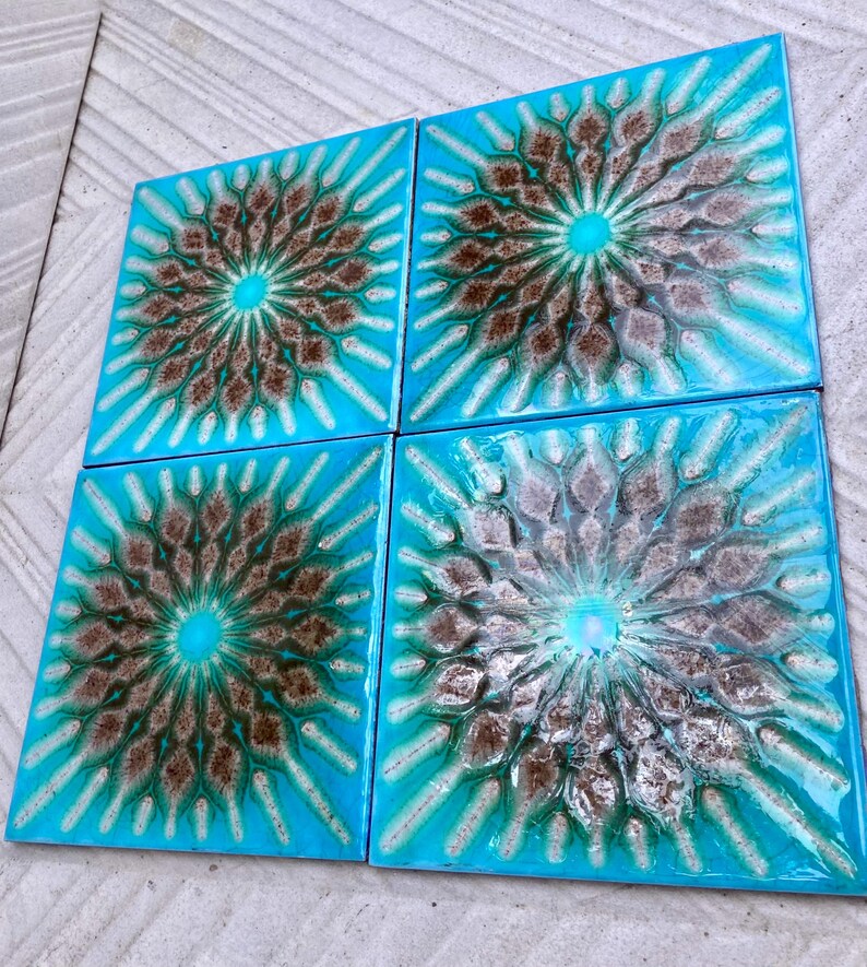 Original 70s vintage glazed blue retro tiles — set of 4, photo 3 of 10