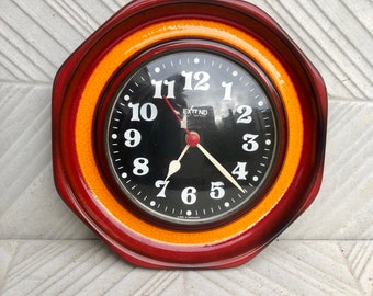 Vintage 70s FAT LAVA ceramic clock in orange + red. German Extend electronic mid century kitchen clock. Original MCM 60s 70s vintage clock.