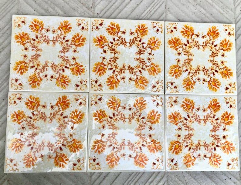 60s 70s German orange retro tiles — set of 6, photo 7 of 8