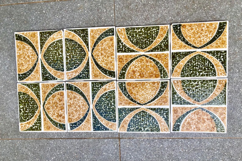 Vintage green, ochre 70s geometric tiles — set of 8, photo 7 of 8