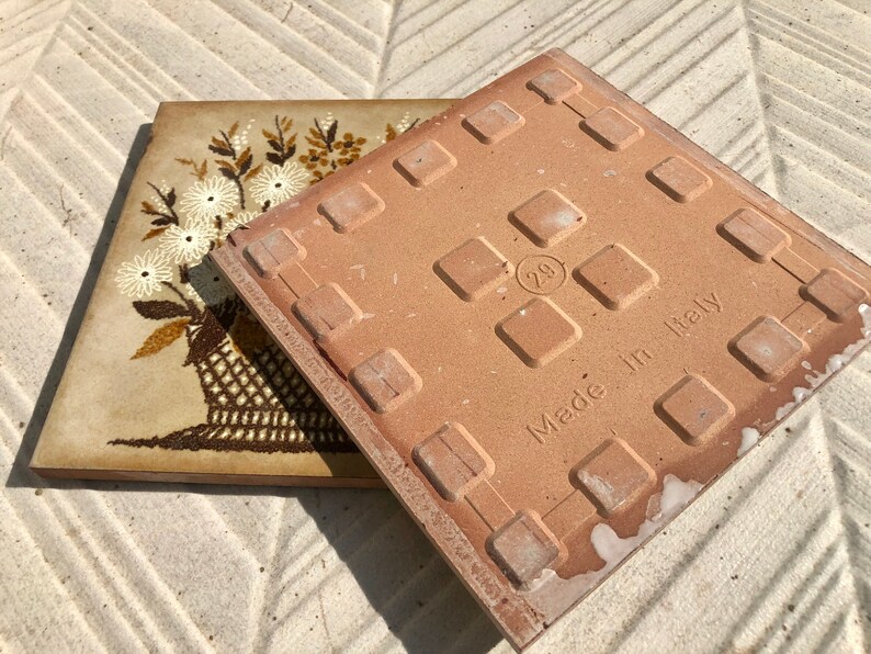 4 Vintage orange, blue, brown yellow Original retro tiles, photo 8 of 9