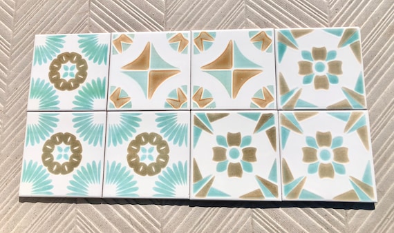 8 original vintage 70s glossy tiles