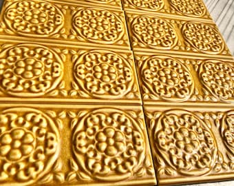 10 YELLOW Art nouveau style tiles. Glossy embossed border tiles. Mustard floral wall decor, vintage wall art. Unused green majolica tiles