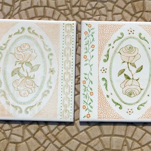 2 ORIGINAL vintage floral tiles from the 60s - 70s. Orange and green retro tiles. MCM original wall decor, mid century romantic wall art