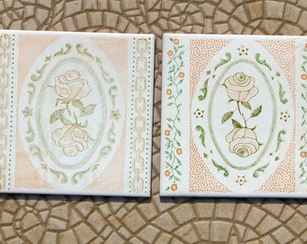 2 ORIGINAL vintage floral tiles from the 60s - 70s. Orange and green retro tiles. MCM original wall decor, mid century romantic wall art