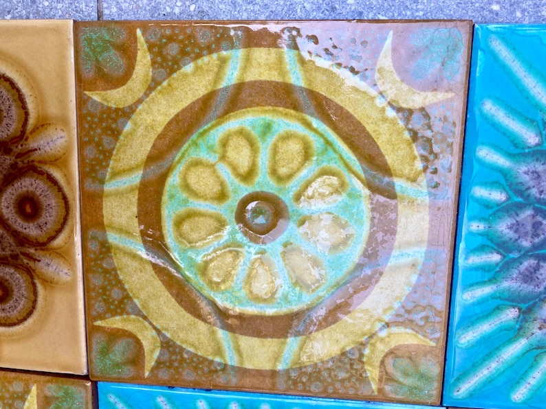 Original 70s retro tiles – Brown, yellow, blue, orange – Decorative MCM wall art — set of 9, photo 8 of 9