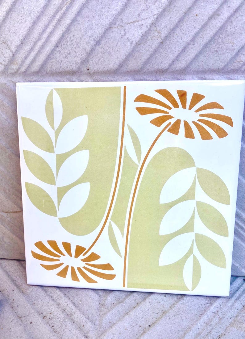 60s 70s Spanish vintage retro tiles – pop orange + green daisies backsplash — set of 4, photo 2 of 7