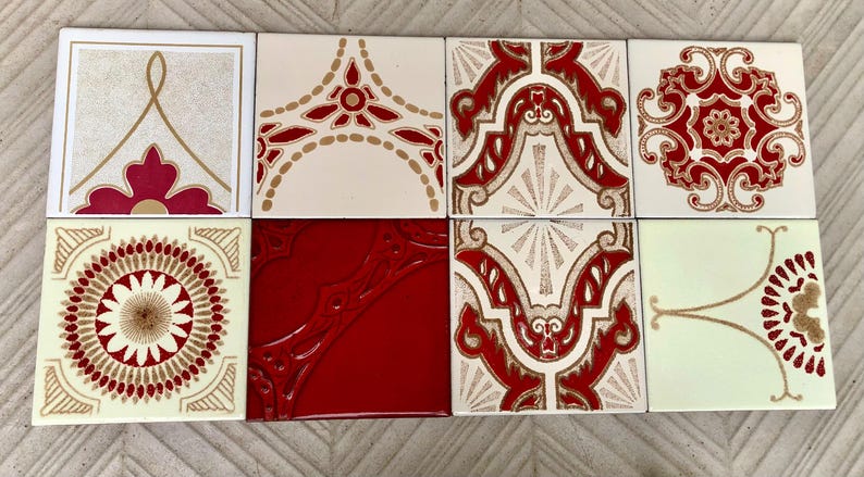 8 Spanish 70s vintage tiles – Mid century red, brown geometric Fat Lava tiles, photo 4 of 7