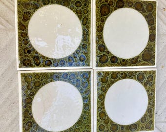 Vintage green glazed tiles. 70s fat lava decorative tile mural. 4 pc set.  60s wall decor, vintage mid century majolica wall art. SALVAGED.