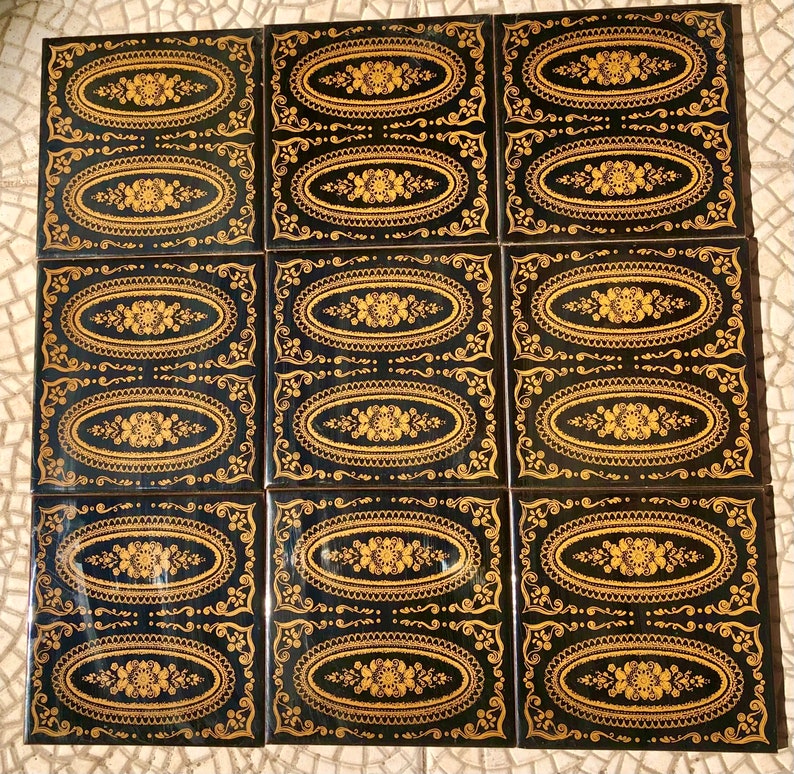 Original 70s retro tiles – Black, yellow, romantic, Art Nouveau style tiles — set of 9, photo 4 of 8