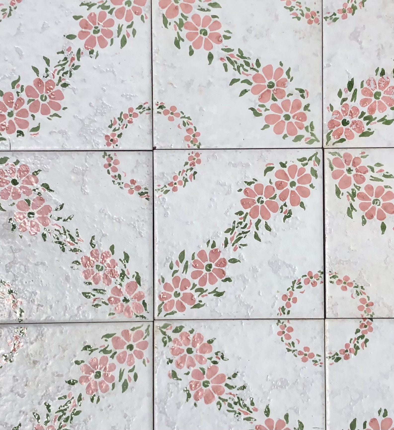 Spanish 60s 70s Pink Romantic Retro Tiles. 12 Pc Set. Vintage Mid