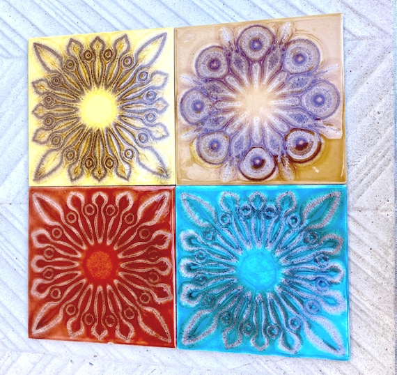 Spanish vintage glazed 70s tiles — set of 4
