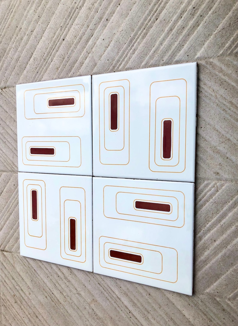 4 Spanish 70s vintage tiles – Brown, mustard yellow, cream, pop art style tiles, photo 3 of 10