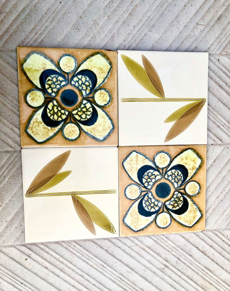 60s 70s Spanish vintage retro tiles – pop art brown + green MCM tiles — set of 4, photo 2 of 8