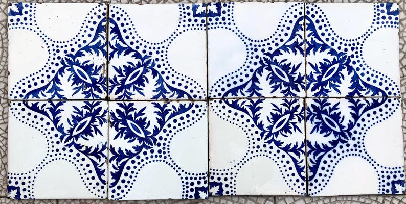 8 antique Art Nouveau blue + white original early 20th century Spanish decorative tiles, photo 2 of 10