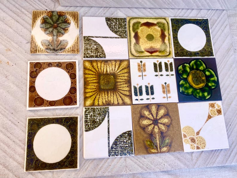 Vintage ochre, yellow, orange, green glazed retro tiles — set of 12, photo 5 of 10