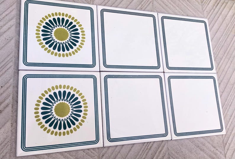 60s 70s Spanish vintage retro tiles – pop art green daisies backsplash — set of 6, photo 6 of 10