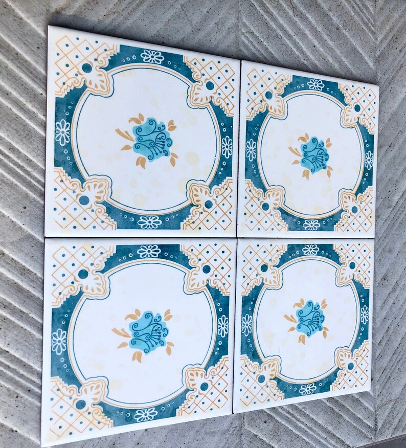 4 Spanish 70s blue and ochre tiles, photo 8 of 10