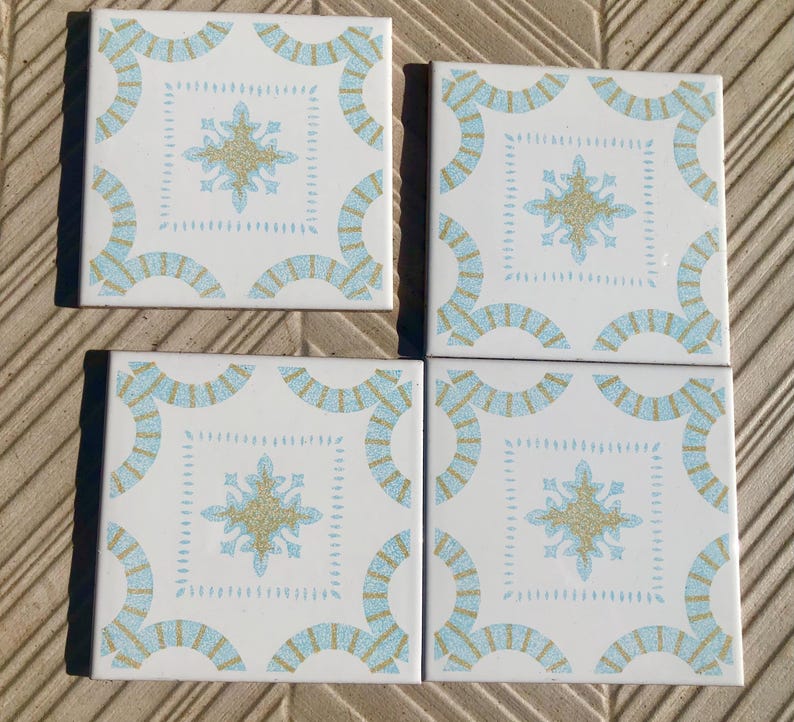 4 Vintage 70s Salvaged blue + ochre Spanish tiles, photo 3 of 9