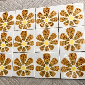 Vintage ochre, yellow, orange glazed retro tiles. UNUSED MCM fat lava decorative tile mural 12 pc set.  60s wall decor, mid century wall art